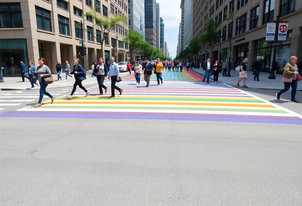 Colorful rainbow crosswalk with pedestrians in downtown Lexington