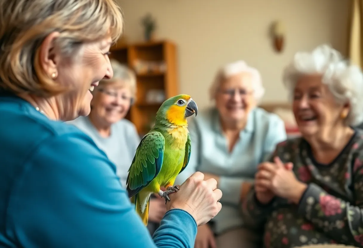 Charlee the African Grey parrot being reunited with her owner