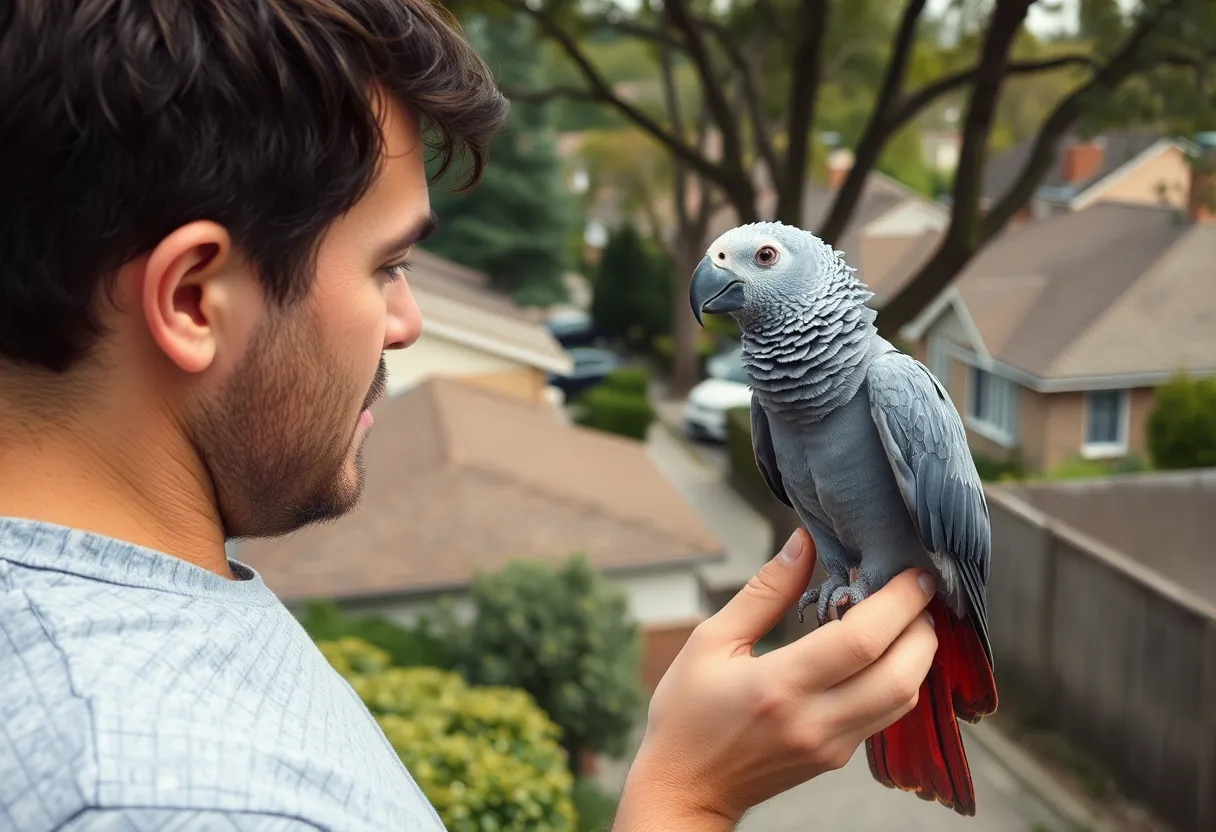 A man searching for his missing pet parrot in his neighborhood