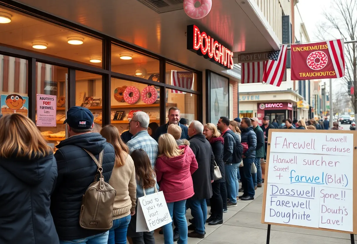 Customers waiting in line at Southern Glazed Doughnuts on its last day