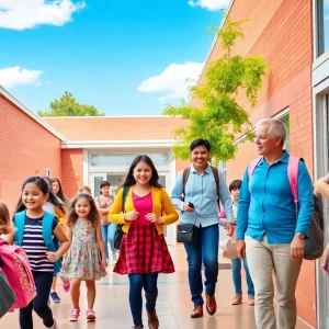 Students entering school on the first day of classes