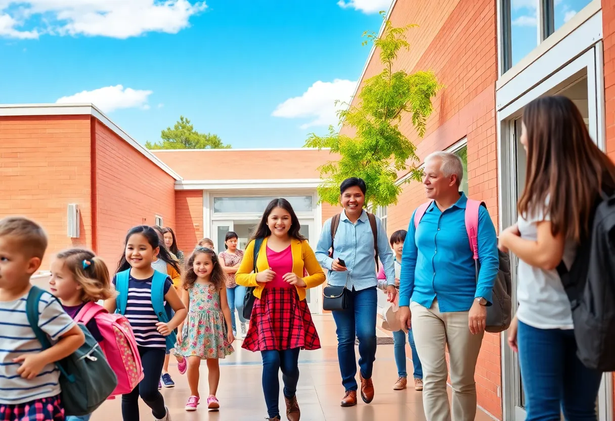 Students entering school on the first day of classes