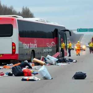 Scene of a tour bus crash with emergency responders and scattered belongings