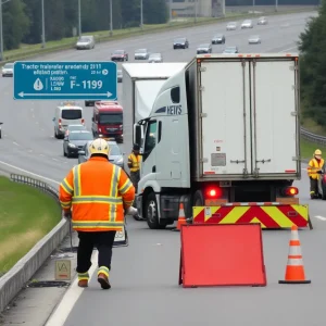 Emergency services managing a tractor-trailer crash site with spilled fuel on Newtown Pike.