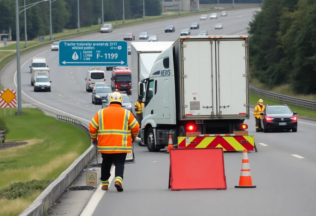 Emergency services managing a tractor-trailer crash site with spilled fuel on Newtown Pike.