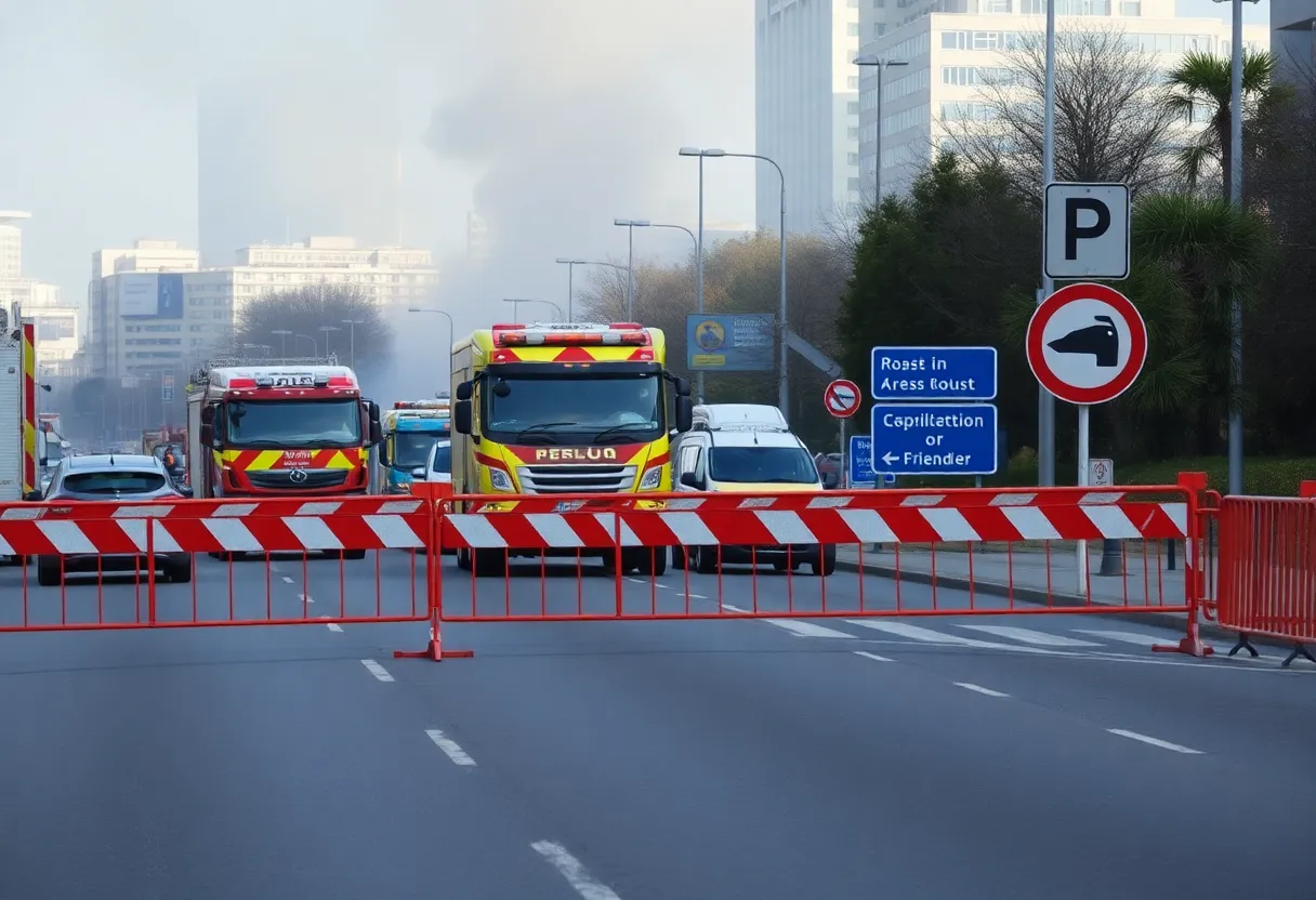 Emergency crews responding to a garbage truck fire on New Circle Road