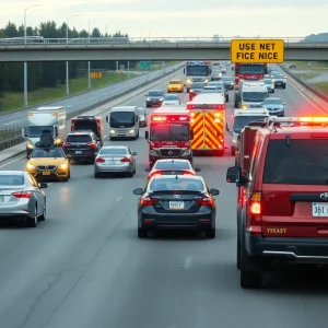 Emergency vehicles at a multi-vehicle accident scene on I-75 southbound.