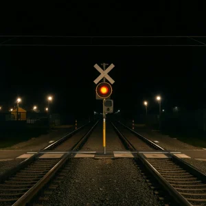 Night view of railway tracks with safety crossing signs.