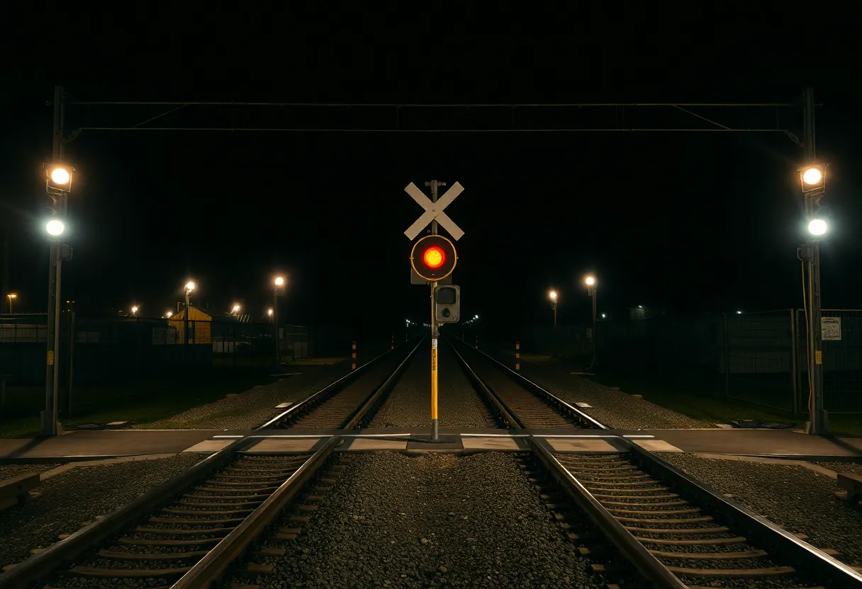 Night view of railway tracks with safety crossing signs.