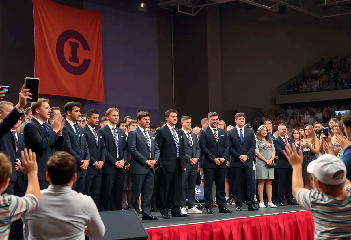 A celebration at the UK Athletics Hall of Fame Induction Ceremony with athletes on stage