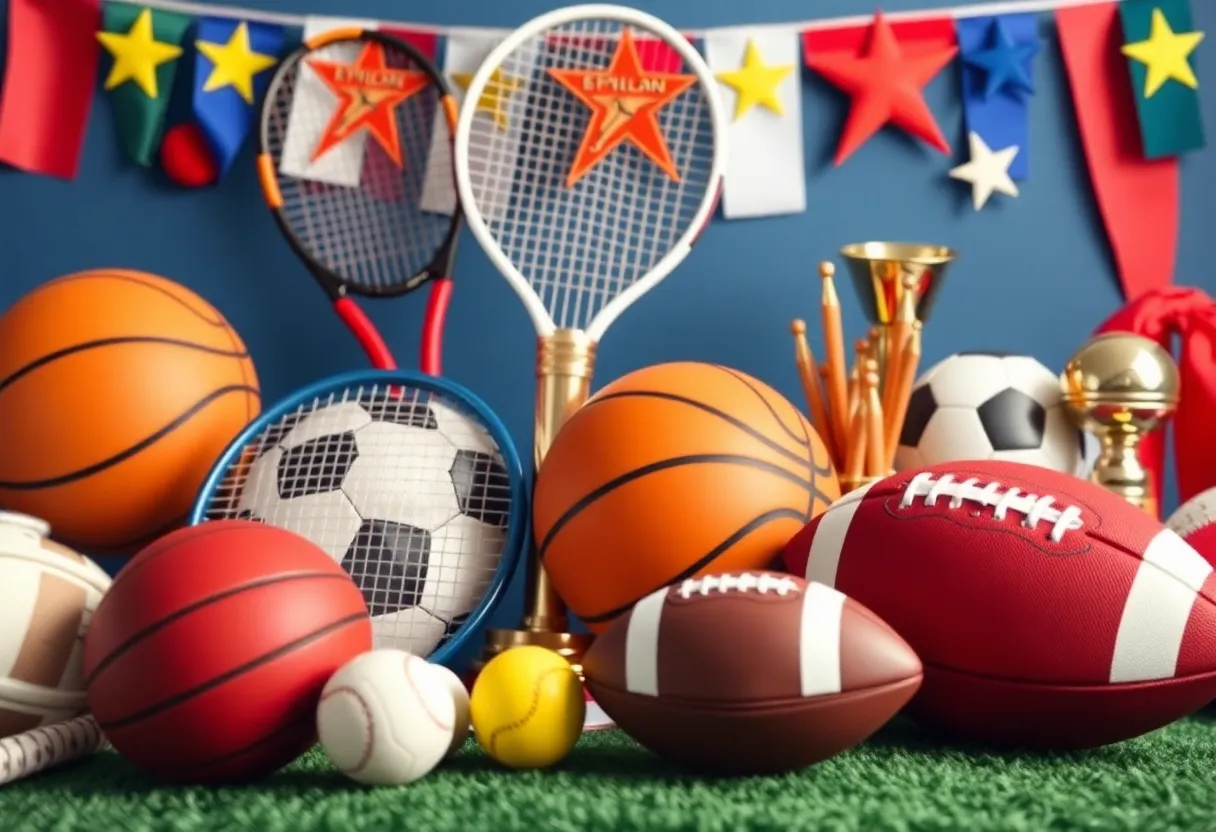 A collage of various sports equipment symbolizing the achievements of UK Athletics Hall of Fame inductees.