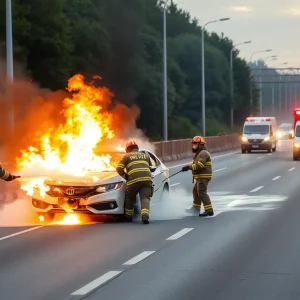 Firefighters extinguishing a vehicle fire on Interstate 75 in Lexington