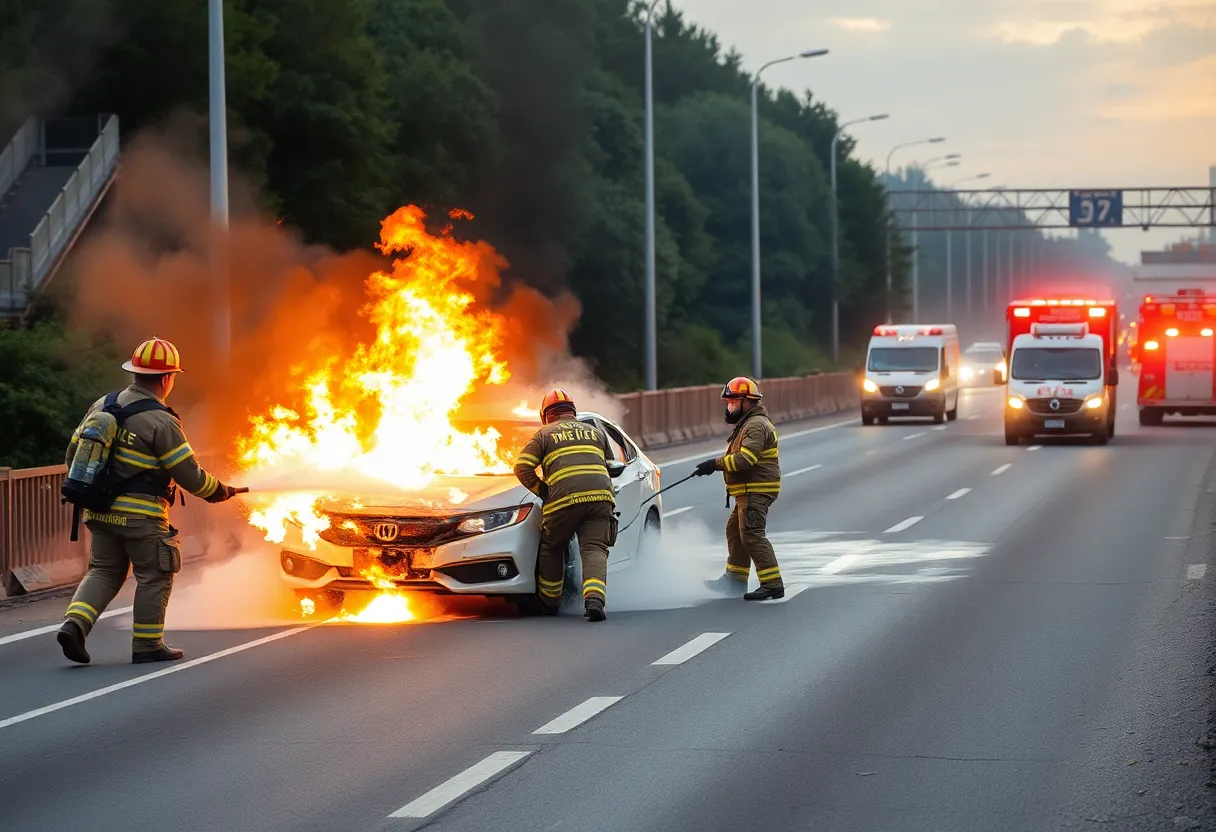 Firefighters extinguishing a vehicle fire on Interstate 75 in Lexington