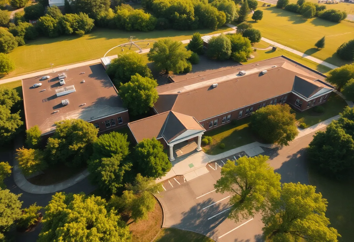 Aerial view of Woodford County Schools illustrating the campus and surrounding area