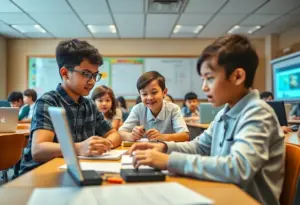 Students using technology in a classroom setting with AI tools