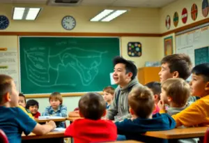 Students enjoying a historical arts education performance in a classroom.