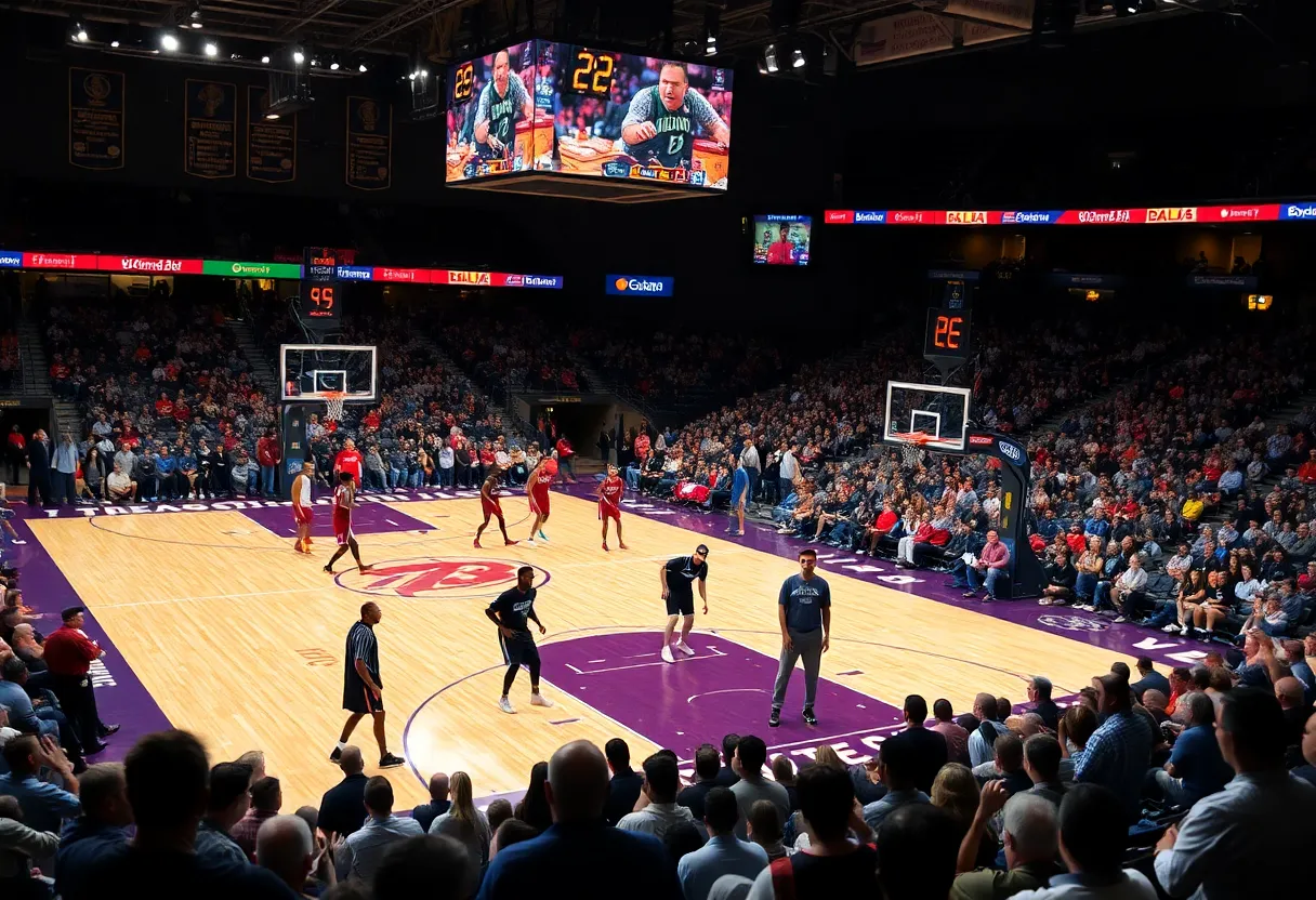 Basketball players in a Kentucky high school game with a shot clock visible.