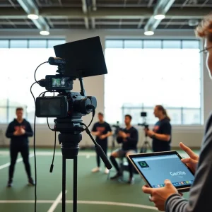 Students engaged in content creation in a modern studio setting.