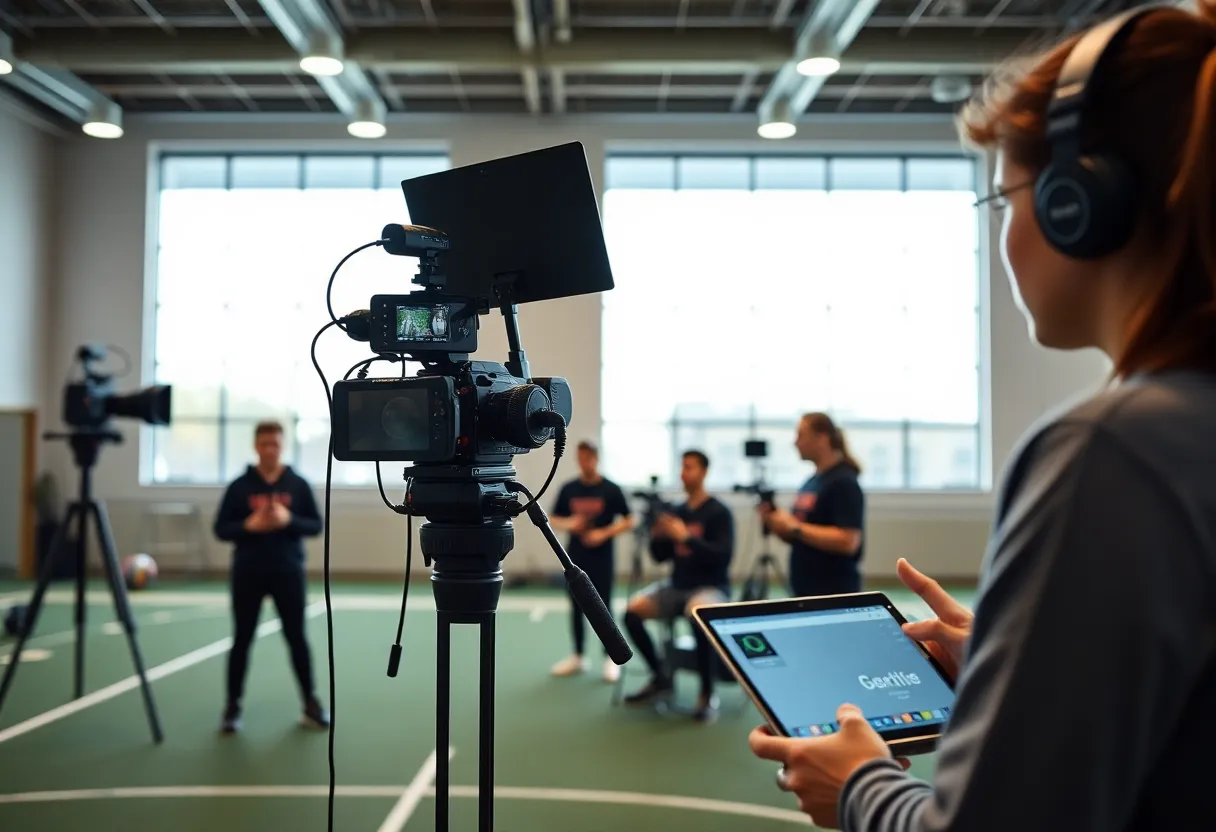 Students engaged in content creation in a modern studio setting.