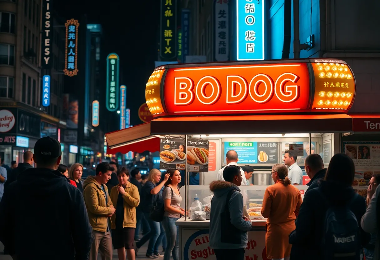 Customers at Big Blue Wiener hot dog stand in downtown Lexington