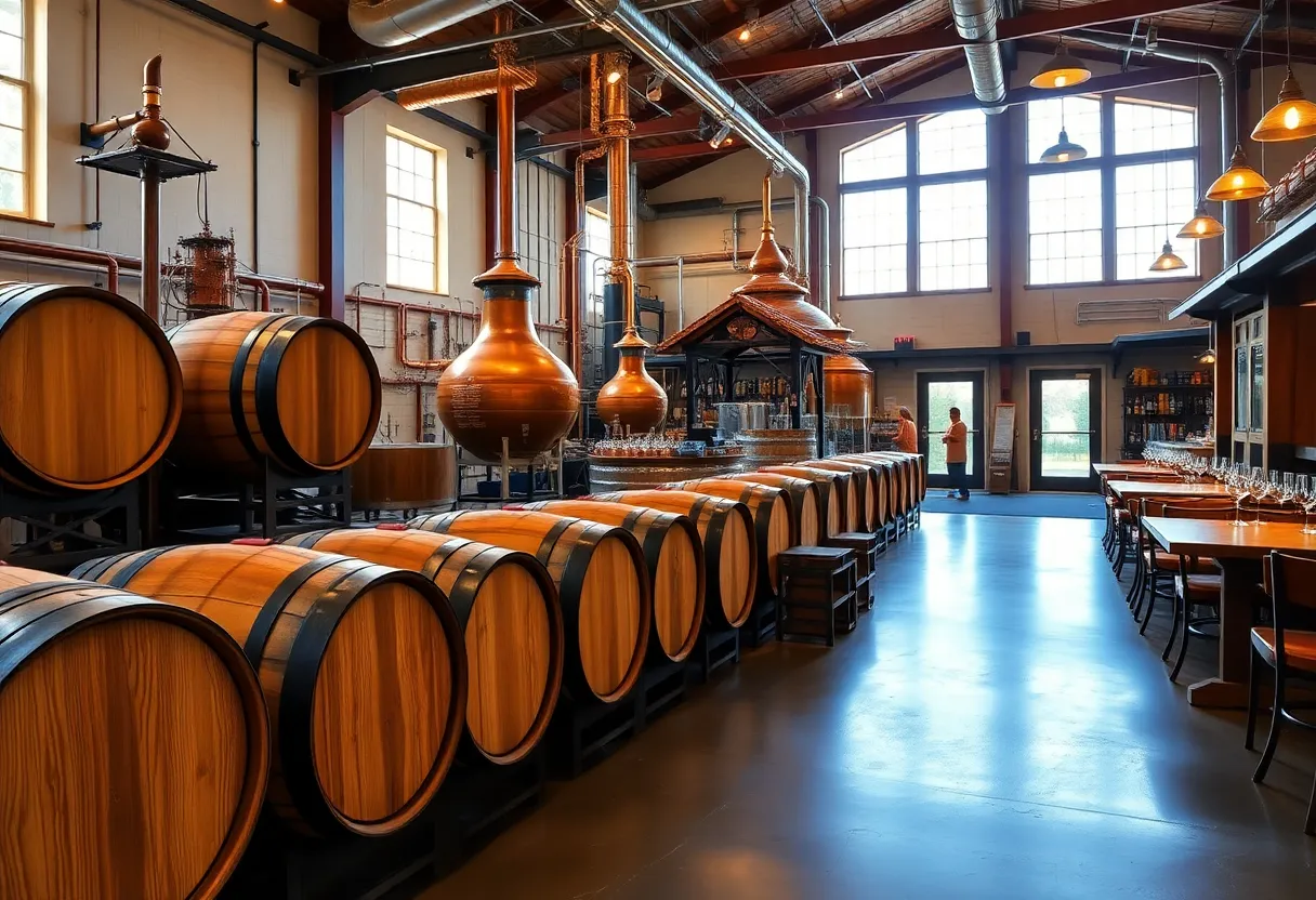Interior view of Black Button Distilling showcasing barrels and distillation equipment