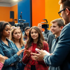 A diverse group of aspiring actors on a film set during a casting call.