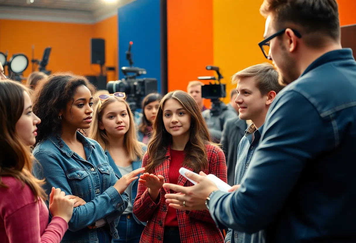 A diverse group of aspiring actors on a film set during a casting call.