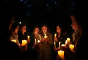 Community members holding candles during a vigil for Charlie Kirk
