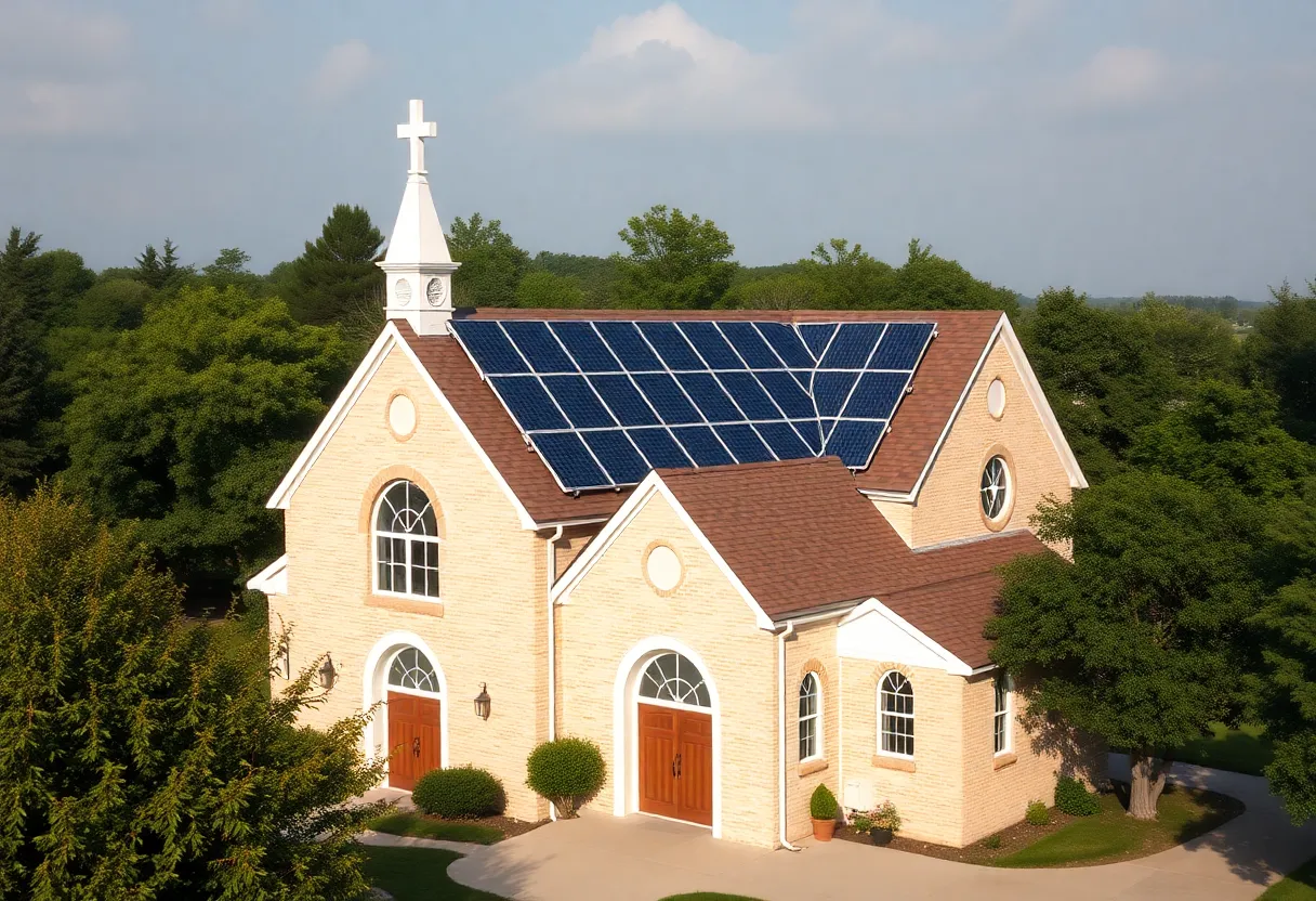 Church with solar panels, symbolizing environmental responsibility.
