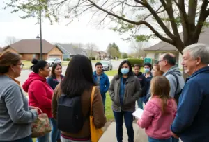 Community members discussing child safety concerns near school pickup area
