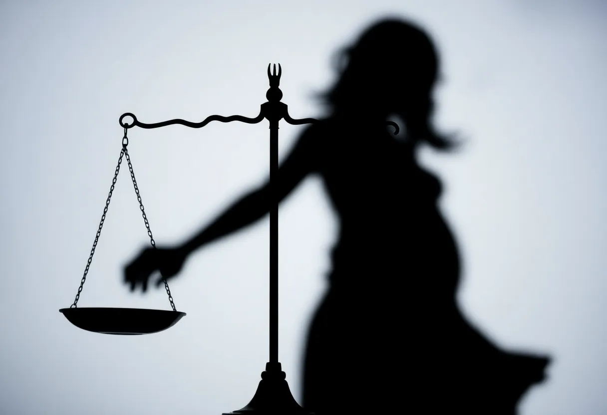 Abstract legal scales with a shadowy figure representing concealed pregnancy.