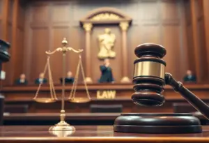 Courtroom with gavel and scales of justice