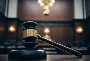Inside of a courtroom with a gavel and judge's bench