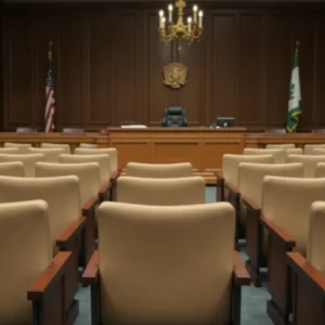 Empty courtroom illustrating legal proceedings