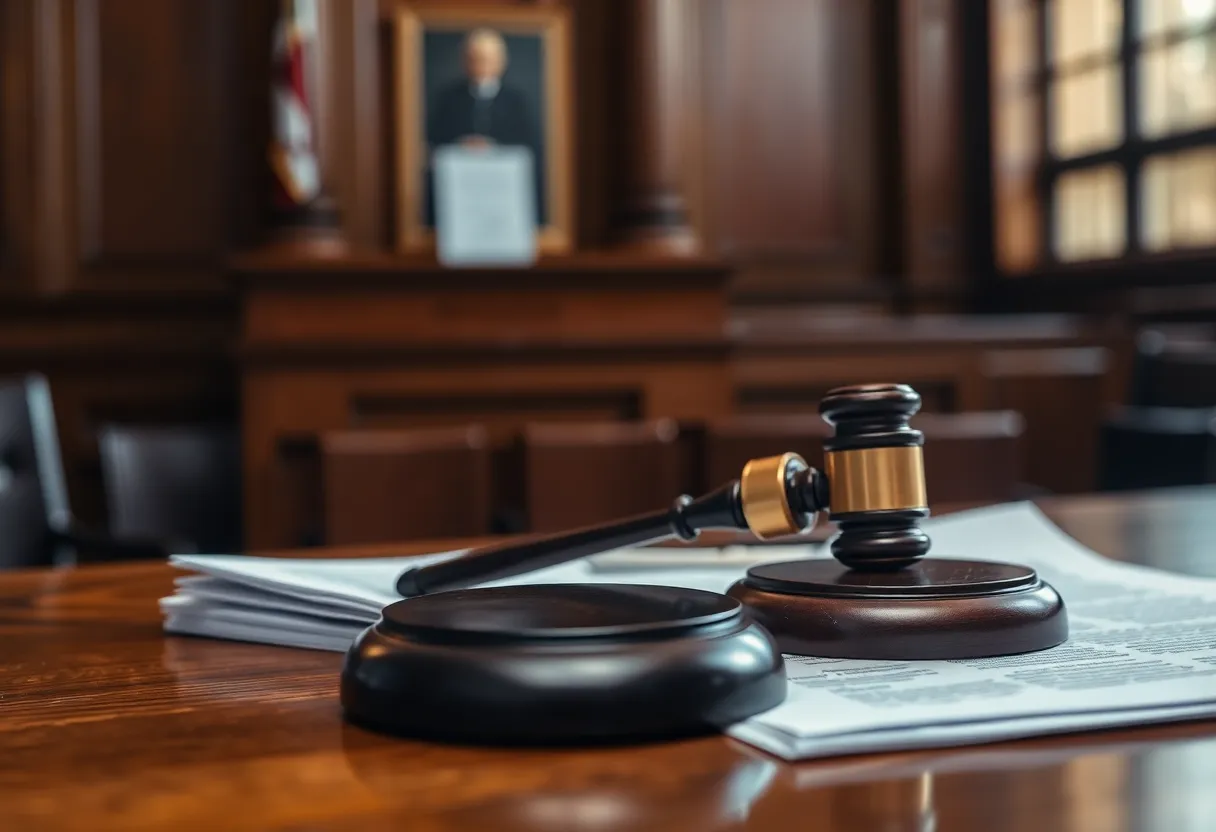 A courtroom setting with legal symbols representing the trial of Laken Snelling.