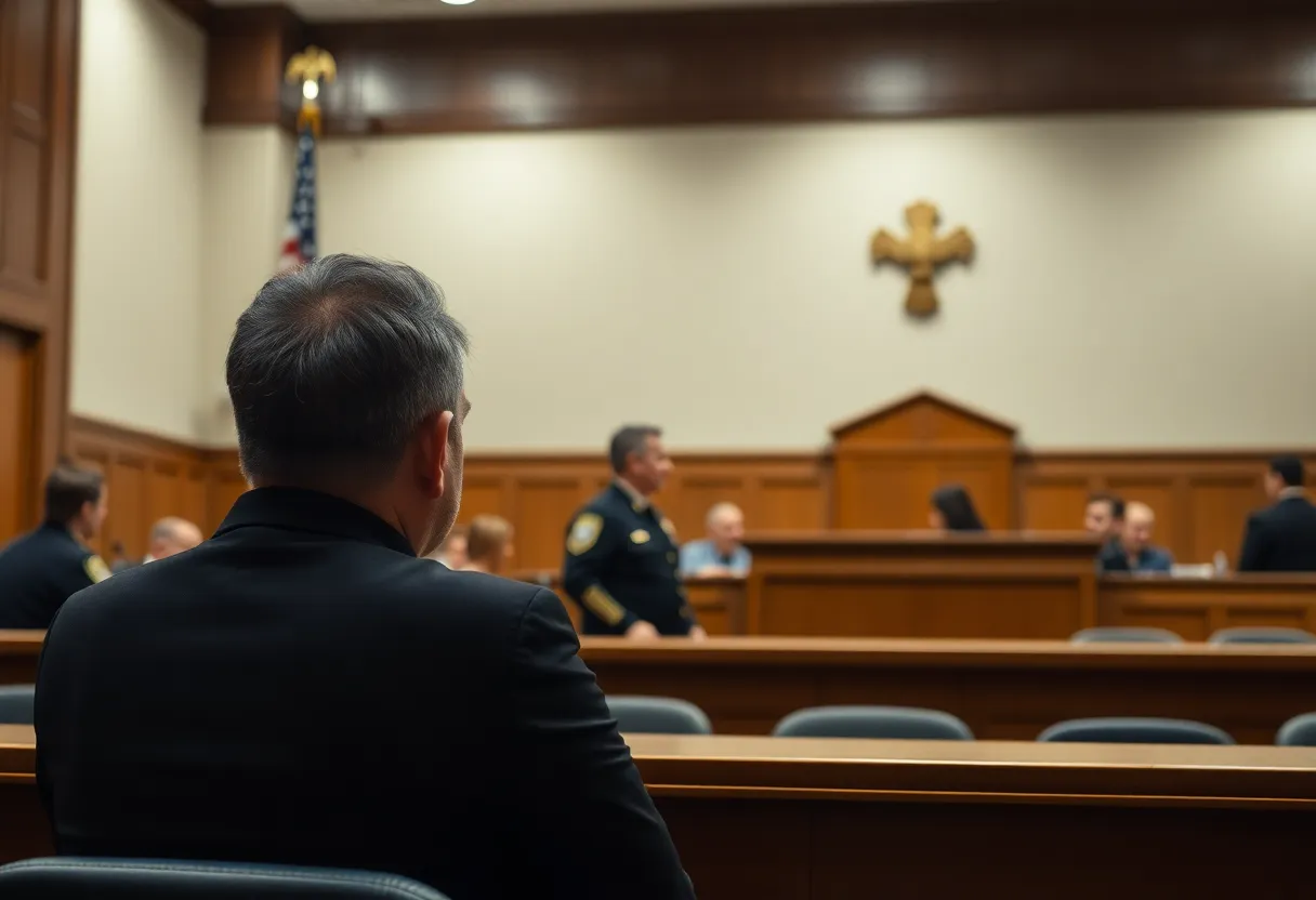 Courtroom setting with law enforcement officials present