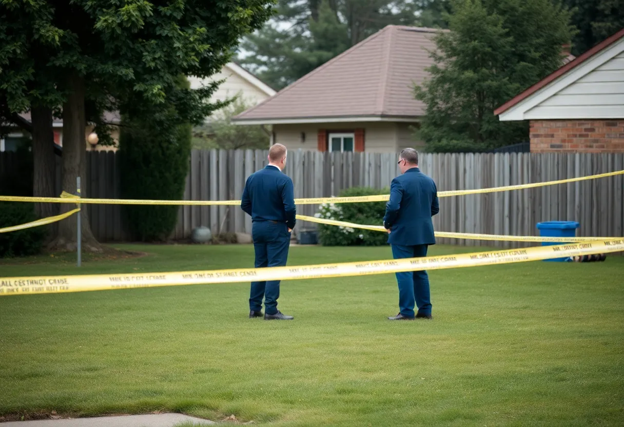 Police investigation scene in a backyard with evidence markers