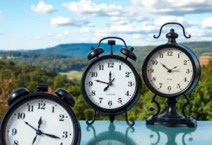 Clocks showing standard time against a Kentucky landscape