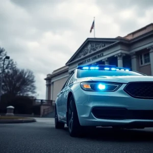 Police presence at a courthouse highlighting domestic violence case