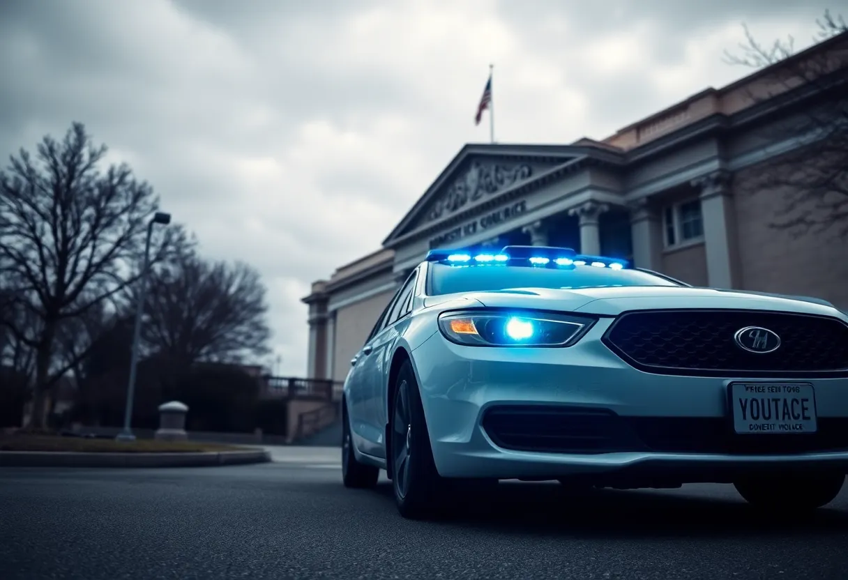 Police presence at a courthouse highlighting domestic violence case