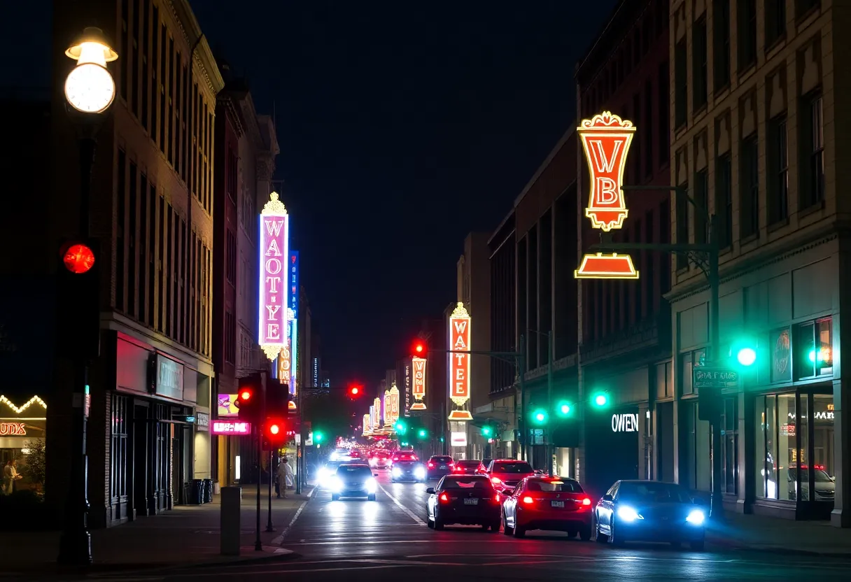 Night view of downtown Lexington during a power outage