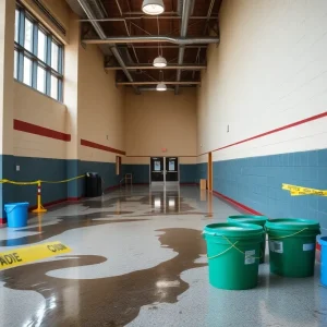 Buckets collecting rainwater leaks inside Paul Laurence Dunbar High School.