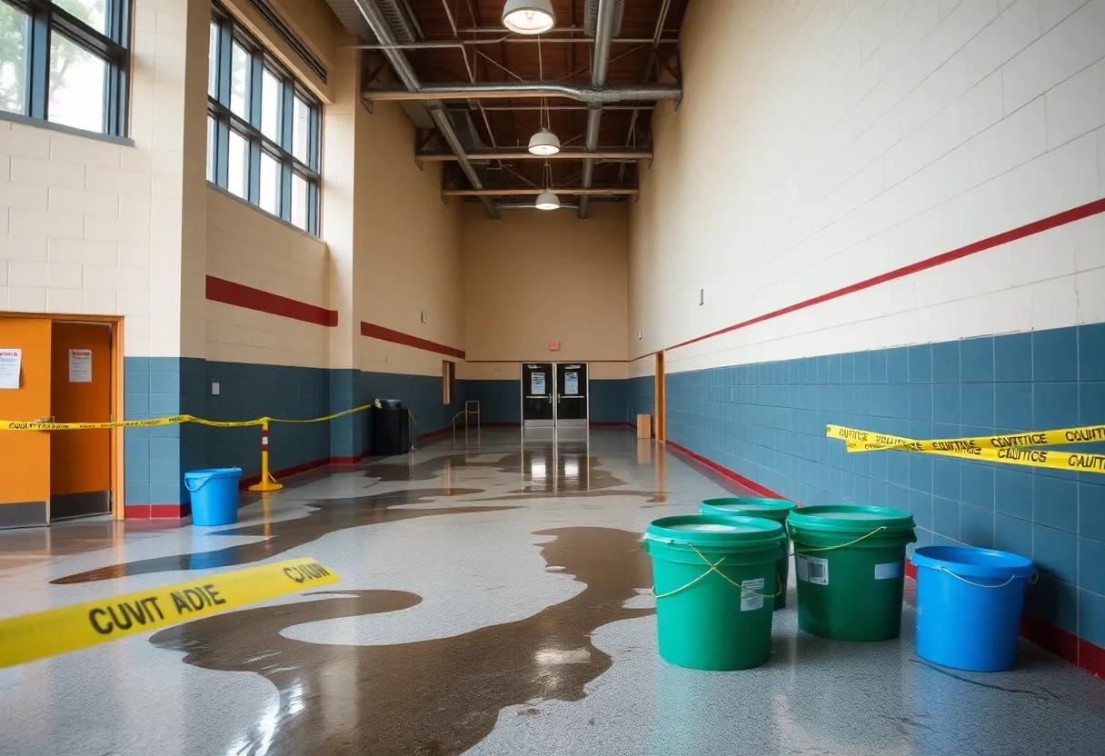 Buckets collecting rainwater leaks inside Paul Laurence Dunbar High School.