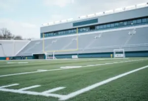 Empty bleachers on a football field, representing a suspension