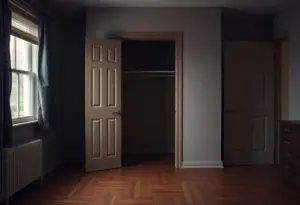 An empty university apartment with a closed closet door.