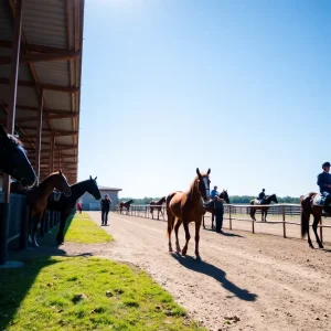 Horses and trainers in an equestrian facility, representing integrity in equine drug testing