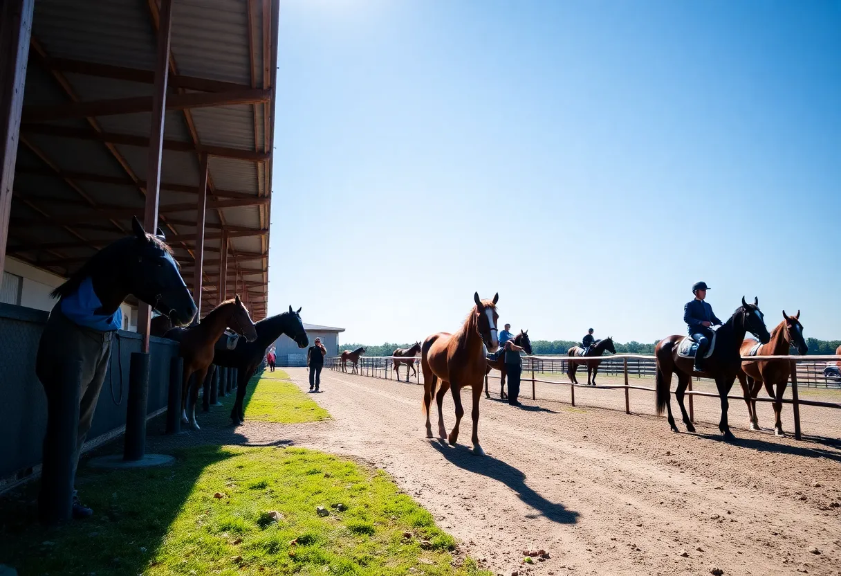Horses and trainers in an equestrian facility, representing integrity in equine drug testing