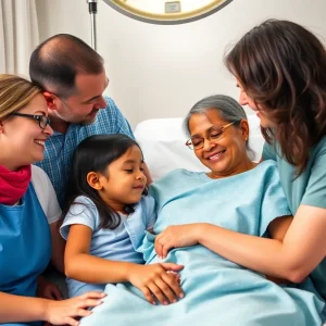 Family gathered in a hospital setting, supporting each other before a kidney transplant.