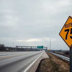 An empty Interstate 75 highway with a caution sign about speeding.