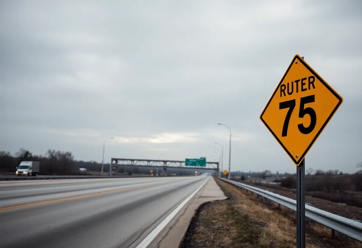 An empty Interstate 75 highway with a caution sign about speeding.
